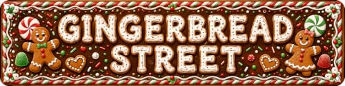 Gingerbread Street Metal Sign 4x16in – Christmas Holiday Decor (Variant: Gingerbread Street) by BLQSCVZE