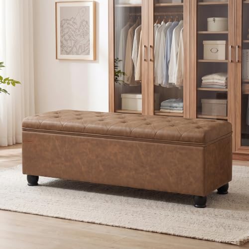 SONGMICS Storage Ottoman Bench 46.5 Inches with Solid Wood Legs, Tufted Upholstered Seat, Multi-Use Furniture