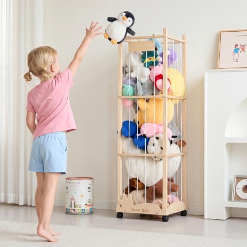56-Inch Stuffed Animal Storage Zoo Tower with Wheels, Wooden Toy Organizer