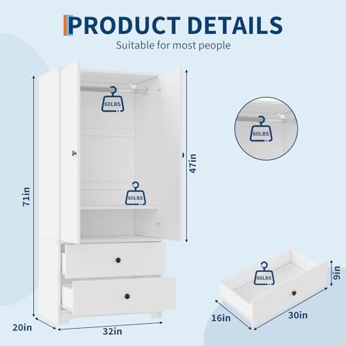 71-Inch Wooden Wardrobe Armoire with 2 Drawers and Adjustable Shelves