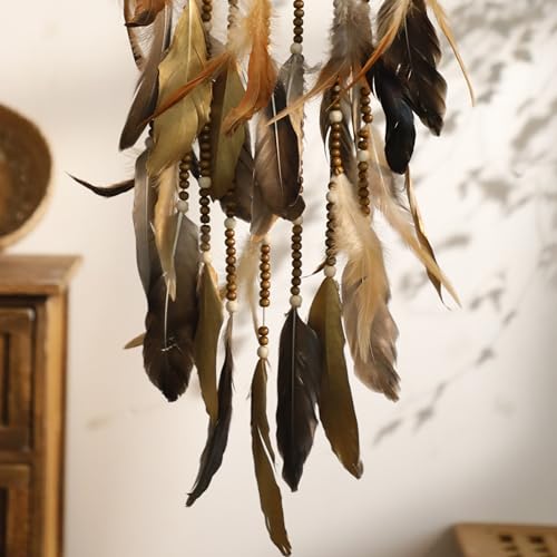 Boho Rattan Dream Catcher Wall Decor with Feathers and Wood Beads