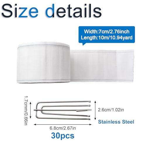 Curtain Pleat Tape Set with 30 Stainless Steel 4-Prong Hooks, 10 Meters