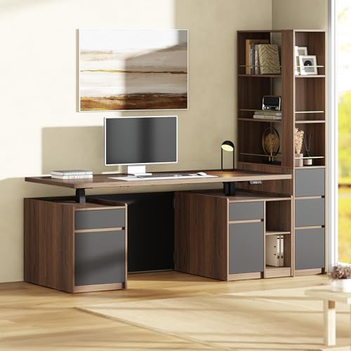71-Inch Electric Standing Desk and Bookshelf Set with File Cabinet