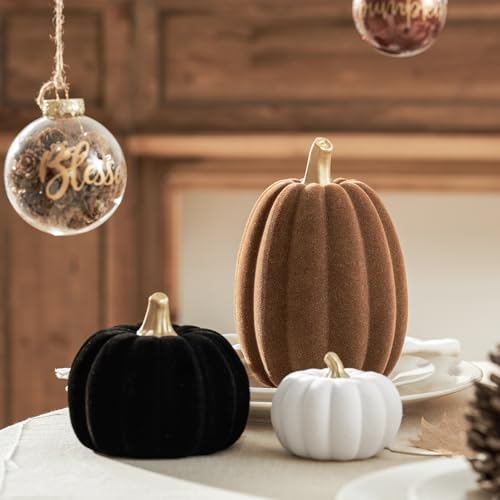3-Piece Flocked Resin Pumpkin Set for Fall Thanksgiving Home Decor
