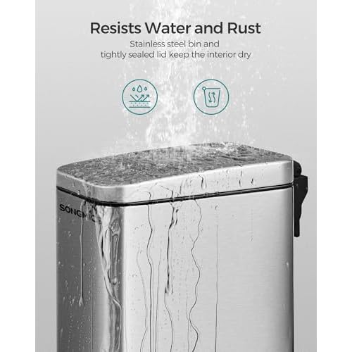 SONGMICS Bathroom Trash Can, 1.3 Gallon (5 L) Small Trash Bin with Lid, Slim for Small Spaces, Stainless Steel Garbage Can, Soft Close, Silver ULTB560E05