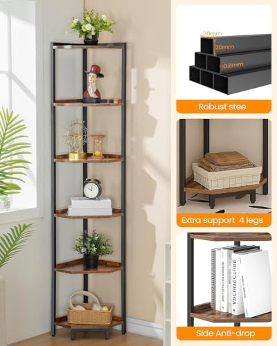 6-Tier Corner Bookshelf, Industrial Metal and Wood Display Stand