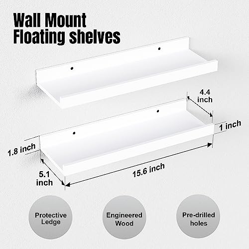 White Floating Wall Shelves with Lip Set of 2 - 16-Inch Display Ledge