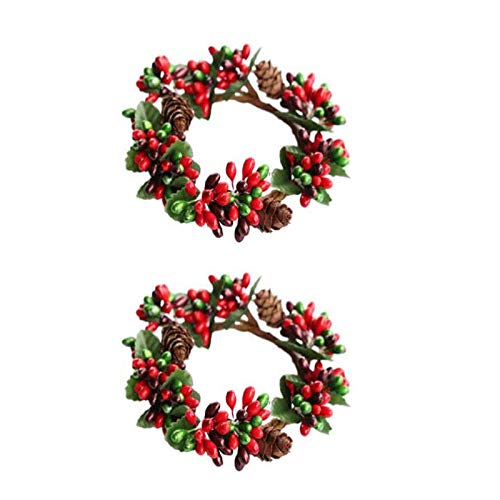 Red Berry Christmas Candle Rings Wreaths - 2.36 Inch Inner Diameter (2 Pcs)