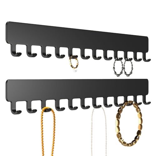 Wall Mounted Jewelry Organizer - 24 Hook Metal Necklace Holder, Black