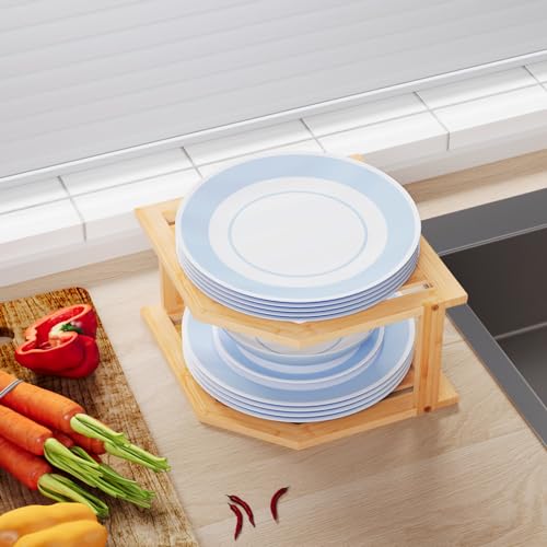 2-Tier Bamboo Corner Kitchen Shelf, Plate Organizer and Countertop Rack