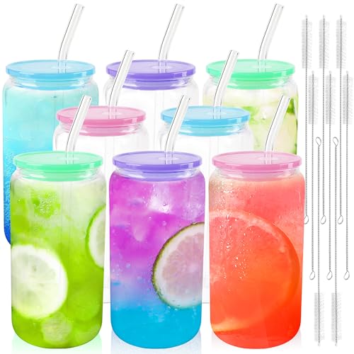 8-Piece 16oz Can-Shaped Glass Cup Set with Colorful Lids, Straws and Brushes