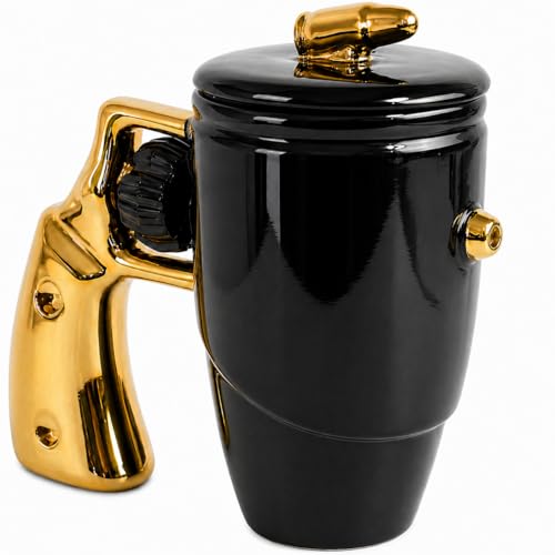 Qianlotushan Gun Gold Revolver Mug with Lid & Spin Wheel Handle, 16 oz Novelty Ceramic Coffee Cup for Men & Dad