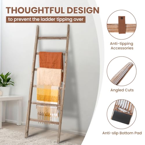 6.4ft Wooden Blanket Ladder - 6-Tier Rustic Farmhouse Quilt & Towel Rack