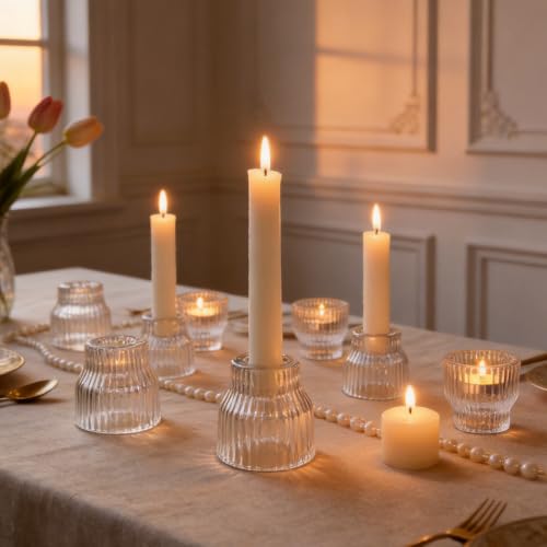 JMMAYIG 36 Pack Tealight & Taper Candle Holder Set - 2-in-1 Clear Ribbed Glass Decor