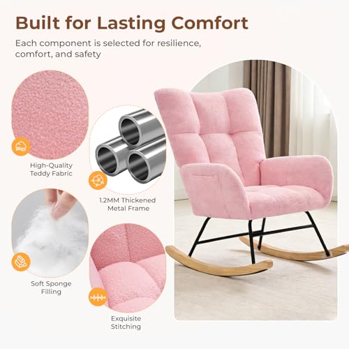 Teddy Upholstered Nursery Rocking Chair - High Back Glider Rocker, Pink