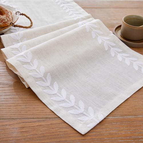 Wracra Embroidered Table Runner 14x36 Inch White/Cream Linen & Polyester
