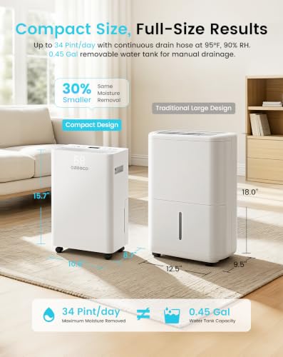 Home Dehumidifier 34 Pint for Basements and Large Rooms
