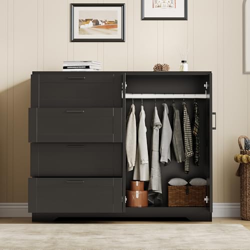 43-Inch Wardrobe Closet with 4 Drawers and Hanging Rod, Black