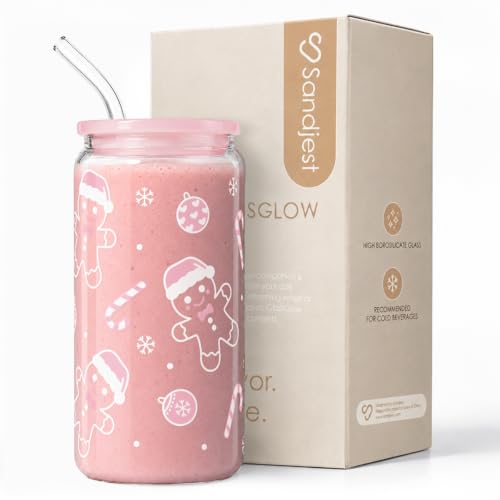 SANDJEST Christmas Gingerbread 16oz Glass Tumbler with Lid & Straw - Holiday Gift