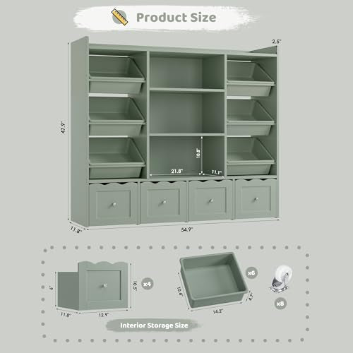 55-inch Kids Toy Storage Organizer with 10 Bins and Bookshelf, Green
