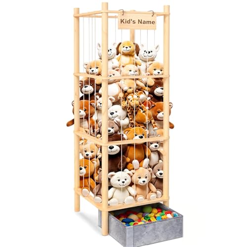 57-Inch Wooden Stuffed Animal Storage Zoo with Toy Tray and Nameplate