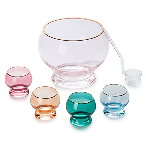 Colorful 1.7 Gallon Glass Punch Bowl Set with 4 Glasses and Ladle