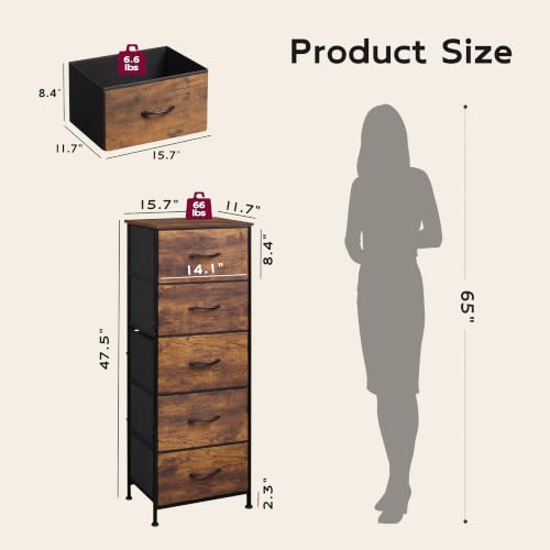 5-Drawer Tall Fabric Dresser, Slim Storage Tower Chest for Small Spaces