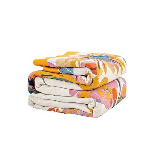 Boho Floral Cotton Throw Blanket, 50x60 Reversible Farmhouse Quilt
