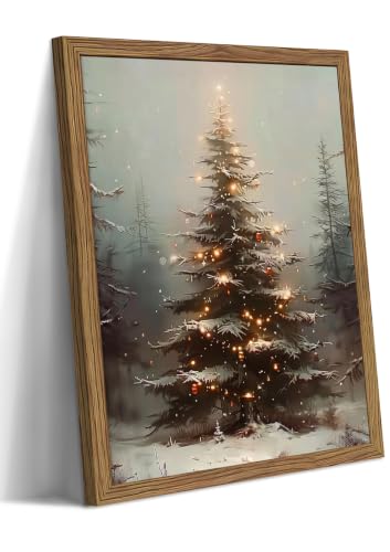 Vintage Christmas Wall Art Framed Snowy Tree Winter Scene 16x12 Inch