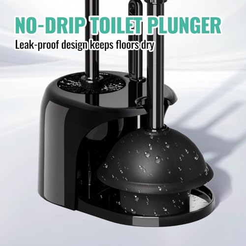 3-in-1 Toilet Brush and Plunger Set with Holder & Crevice Brush - Black