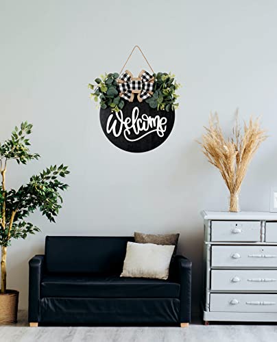 Rustic Welcome Sign for Front Door, 12-Inch Round Wooden Farmhouse Wreath