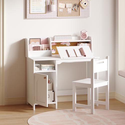 Kids Study Desk and Chair Set with Tiltable Desktop and Storage Hutch