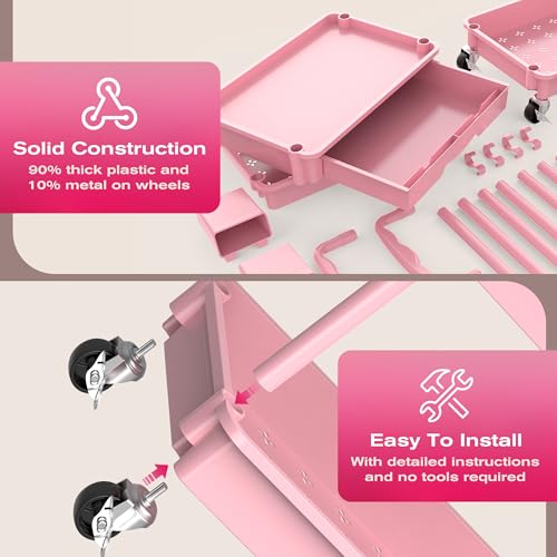 Goovilla 3-Tier Pink Makeup Organizer Cart with Removable Drawer and Lockable Wheels