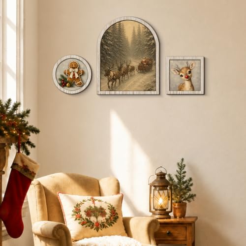 YeleY Xmas-01 3-Piece Vintage Santa Sleigh Wall Art Set with Frames