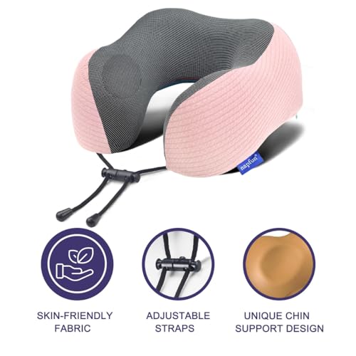 Memory Foam Travel Neck Pillow with Sleep Mask & Earplugs - Pink Striped