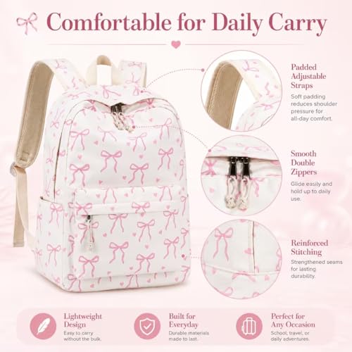 LOIDOU School Backpack for Girls Bow Tie Beige Laptop Bookbag