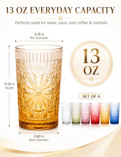 Vintage Embossed Gradient Glass Drinking Cups, 13 oz Set of 6