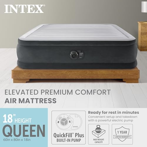 INTEX Dura-Beam Deluxe 18" Queen Size Air Mattress with Built-in Pump