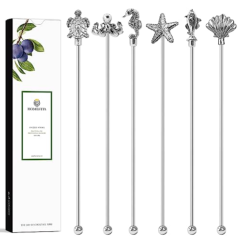 Homestia Ocean Series 6-Piece 7.5'' Metal Coffee & Drink Stir Sticks with Animal Tops