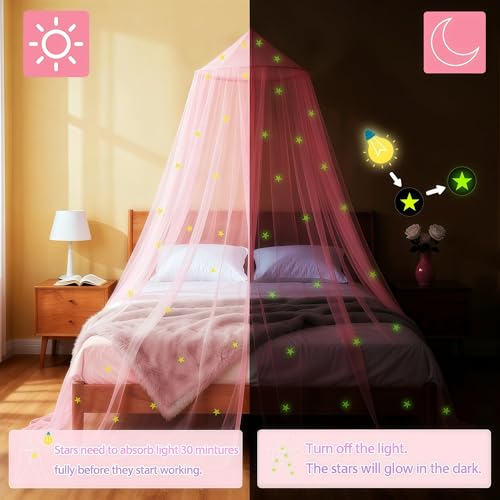 Pink Princess Bed Canopy with Glow-in-the-Dark Stars - Round Dome Curtain