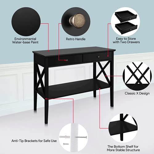 39-Inch Narrow Console Table with Drawers and Storage Shelf, Black