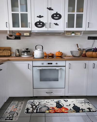 Halloween Kitchen Rugs Set of 2 with White Cat & Pumpkin Decor, Non-Slip Washable Floor Mats