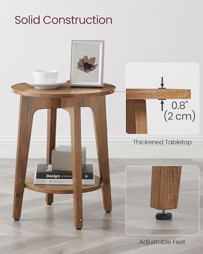 2-Tier Small Round Side Table, Mid-Century Modern End Table, Honey Brown