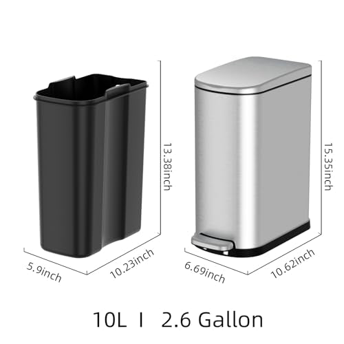 Slim Stainless Steel Trash Can, 2.6 Gallon Soft Close Garbage Can with Removable Inner Bucket and Bags for Bathroom and Narrow Spaces