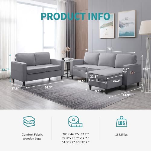 78-Inch L-Shaped Sectional Sofa with Storage Ottoman and Side Pockets