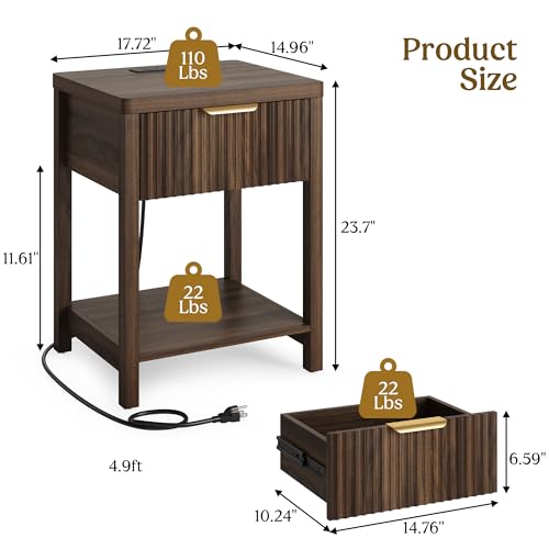 Fluted Wood Nightstand Set of 2 with Charging Station and Storage Drawer
