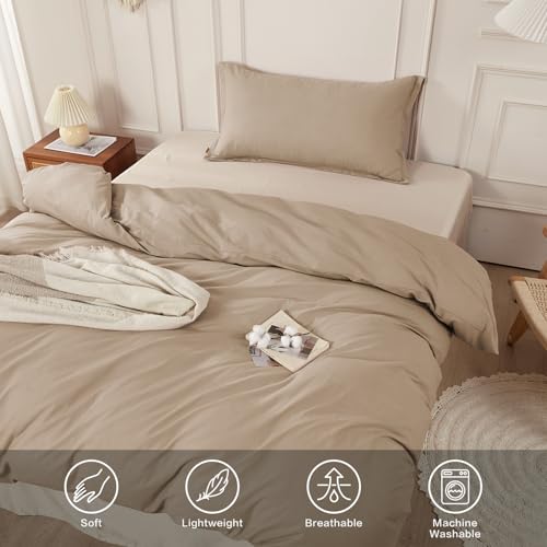 SAPHREAS Twin Size Cotton Duvet Cover Set Khaki 68x90 Linen-Like Comforter Cover with Zipper & Corner Ties