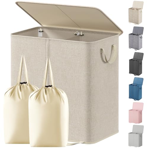 136L Double Laundry Hamper with Lid and Removable Bags - Collapsible Divider