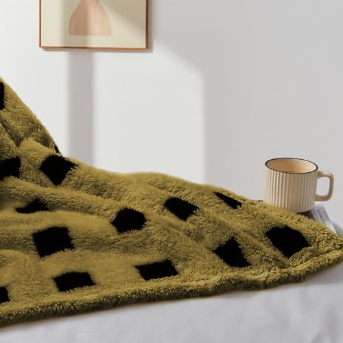 King Size Fuzzy Blanket 320GSM Olive Green Plaid Throw - 108x90 Inches