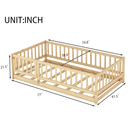Twin Size Montessori Floor Bed with Safety Rails and Door, Pine Wood
